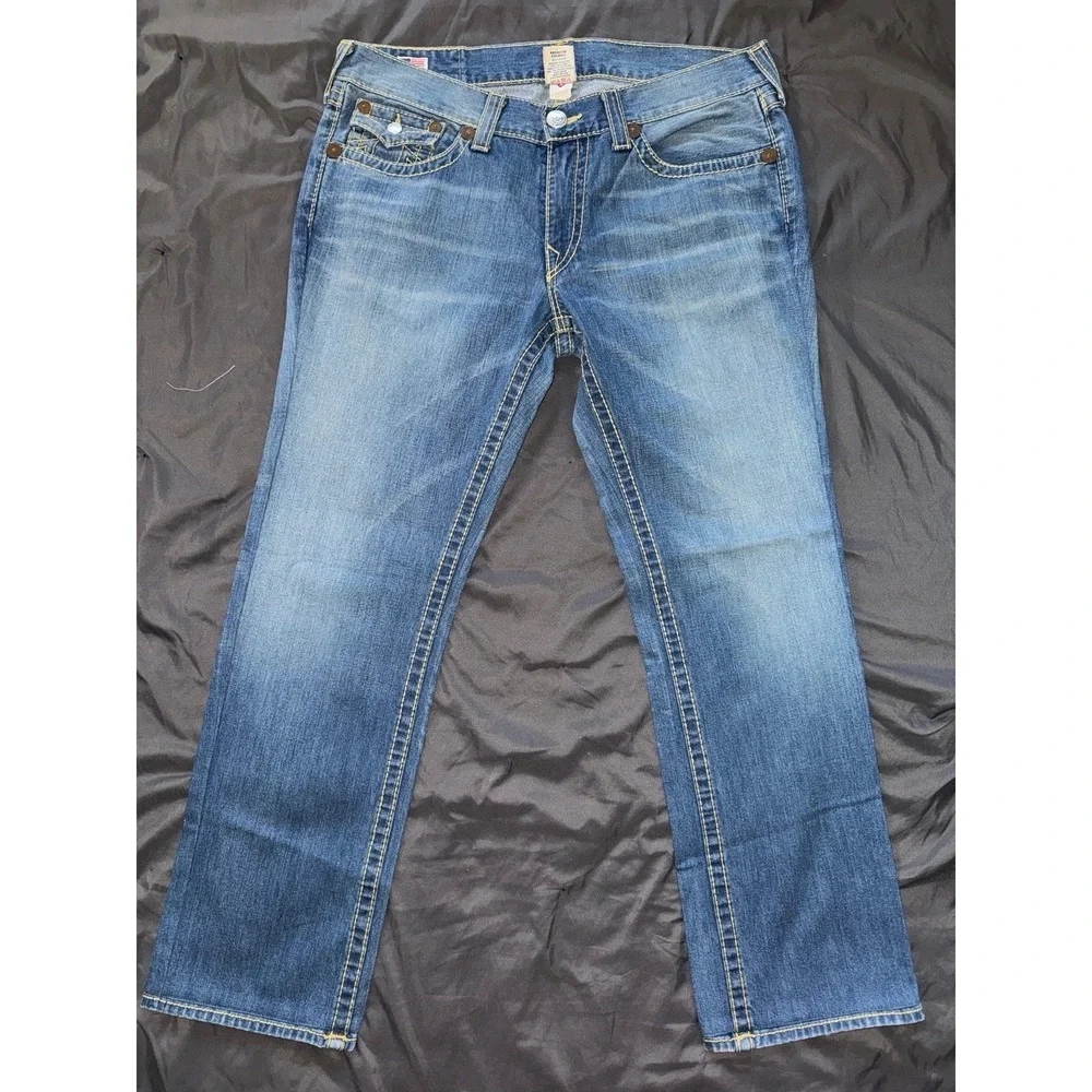 True Religion Mens Ricky Big T Straight Jeans Medium Wash Blue Denim Size 38